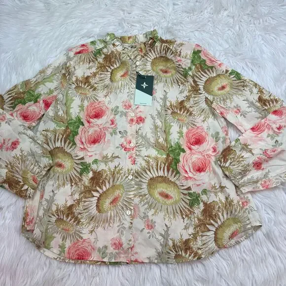 Tuckernuck Sun Faded Floral Pink and Green Sunflower Blouse Size M NWT Classic - Picture 4 of 9
